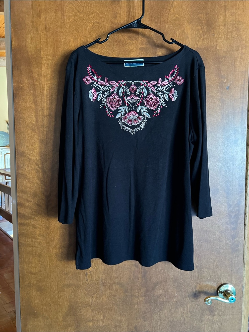 Karen Scott Black Tunic with Pink Floral Embroidery